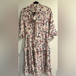 Dainty Jewells Dress Floral Modest  Midi Size S Neck Tie Ruffles Pink Blue